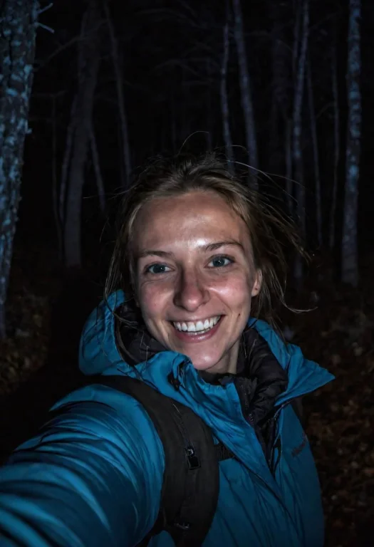 Girl At Night In The Wood, Selfie, Dressed For Trekking, Win...