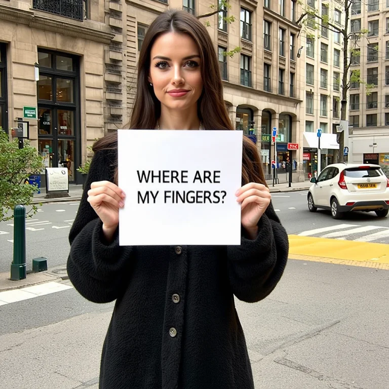 A Beautiful Woman Holding A Sign Saying Where Are My Fingers