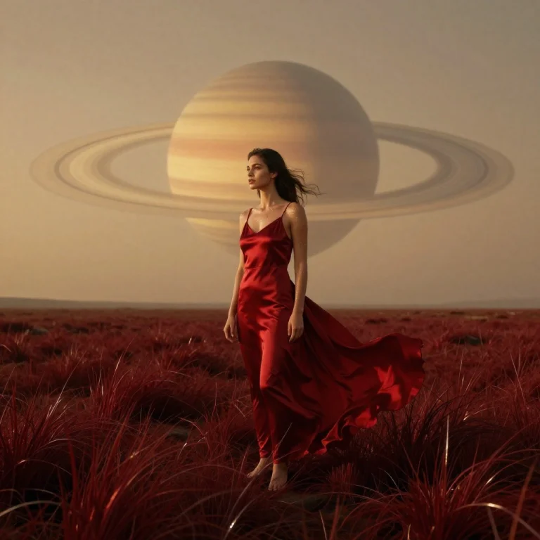 Full Body Shot, Woman In Crimson Silk Slip Dress, Flowing Fa...