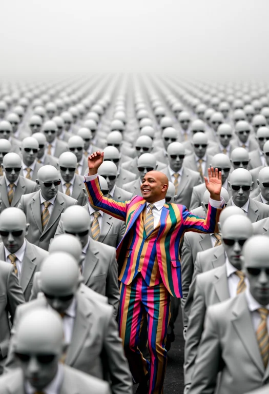 A 8k Photograph Of A Army Of Men In Grey Suits, Drag, Dreary...