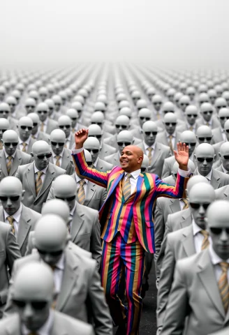 A 8k Photograph Of A Army Of Men In Grey Suits, Drag, Dreary... — FLUX AI Prompt: A 8K Photograph of a army of men in grey suits, drag, dreary, boring and greysca...