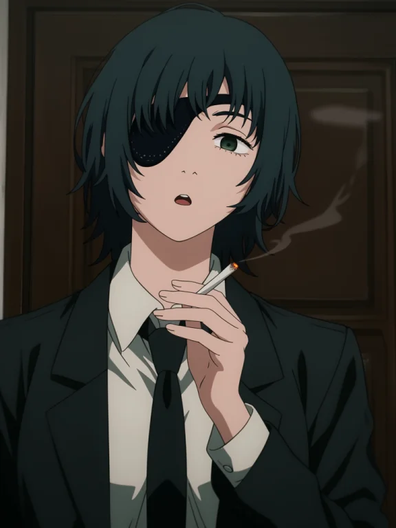 Himeno Chainsaw Man,eyepatch,1girl,solo,black Hair,cigarette...