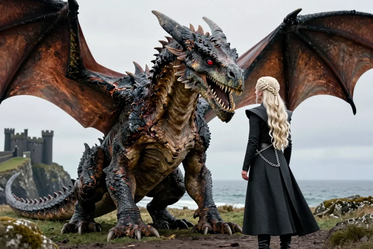 A Realistic Cinematic Photograph Of A Massive Dragon Sitting...