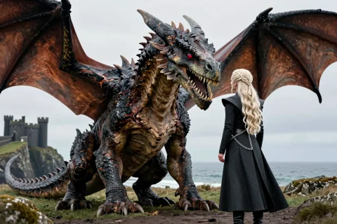 A Realistic Cinematic Photograph Of A Massive Dragon Sitting... — Stable Diffusion AI Prompt: A realistic cinematic photograph of a massive dragon sitting on the ground with...