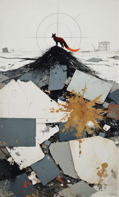A Red Fox Standing Alone On A Mound Of Black Torn Paint In A...