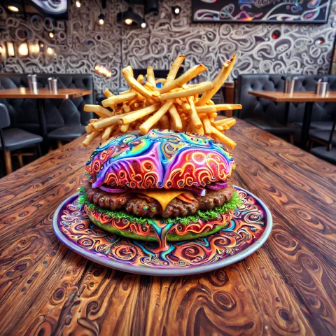 Close-up Of A Psychedelic Burger Served With Fries. It Is On... — SDXL AI Prompt: close-up of a psychedelic burger served with fries. it is on a wooden table in a...