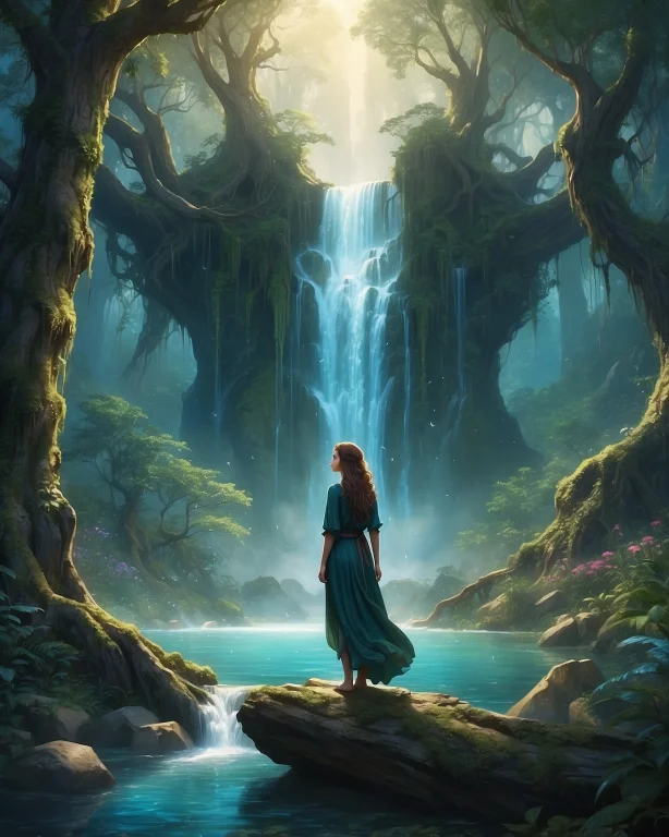 A Woman Stands In The Heart Of An Enchanted Forest, Surround...