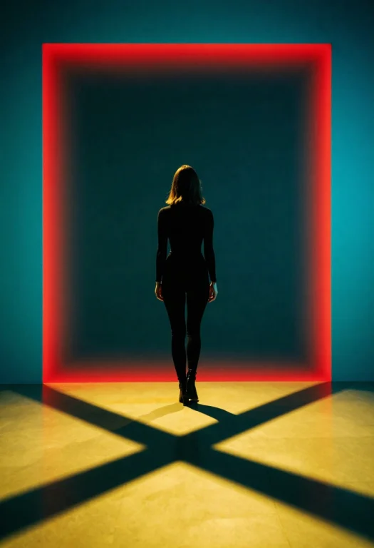 A Womans Silhouette Stands On A Luminous Yellow Floor Crosse...