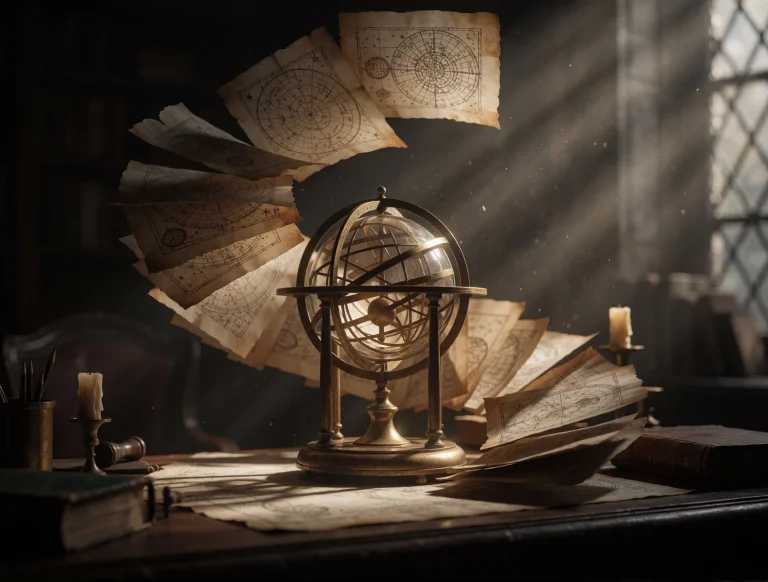 An Antique Brass Orrery Glowing On A Dark Scholars Desk Whil...