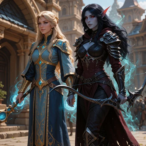 Stable Diffusion Jaina Proudmoore & Sylvanas Windrunner — Stable Diffusion AI Prompt: [CHARACTER] Jaina Proudmoore: powerful human sorceress, tall elegant woman, long...