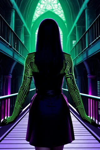 Quantum Hacker In A Black-violet Trenchcoat With Neon Green... — Stable Diffusion AI Prompt: Quantum hacker in a black-violet trenchcoat with neon green circuit tattoos acro...