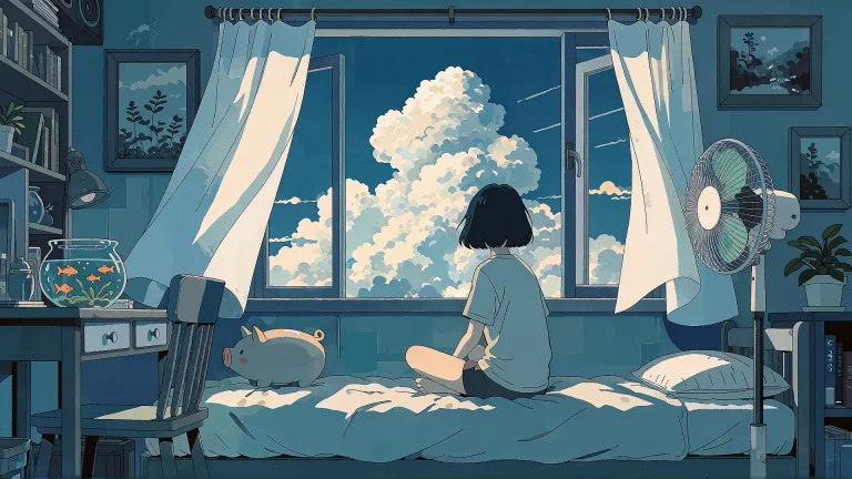 A Short-haired Figure Sits Cross-legged On A Low Bed In A Ce...