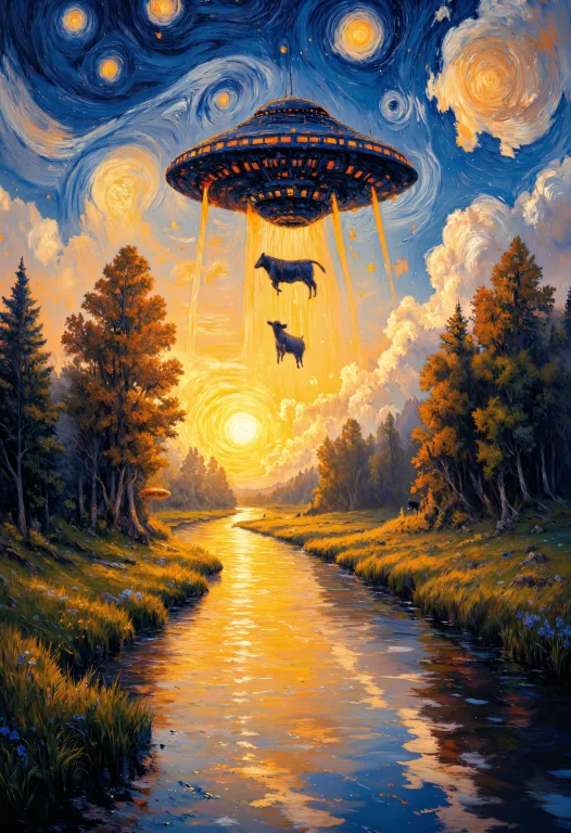 A Vibrant, Impressionist-style Painting Of A Ufo Hovering Ab...