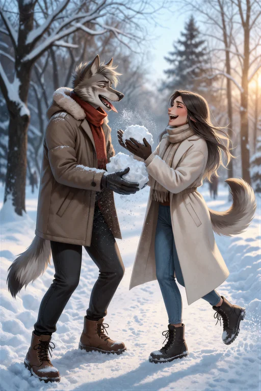 R1lisit1ka, An Anthro Wolf Couple Playfully Throwing Snowbal...