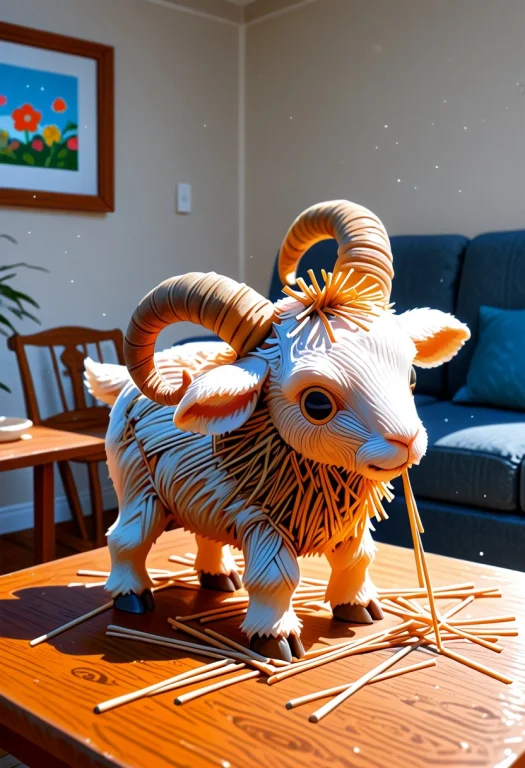 Straw Thread Made Goat Model On Table, Living Room, No Human...