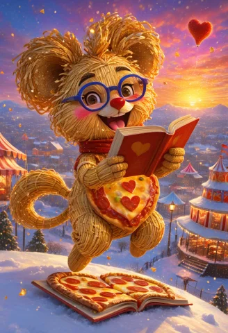 Fantasy Chef in Straw, Reading Pizza — SDXL AI Prompt: chef, made of straw, jumping, wearing heart-shaped glasses, no headwear, no extr...