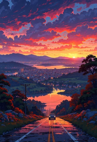 A Car Driving Through A Country Road, On The Other Side Of T... — FLUX AI Prompt: A car driving through a country road, on the other side of the river is a large...