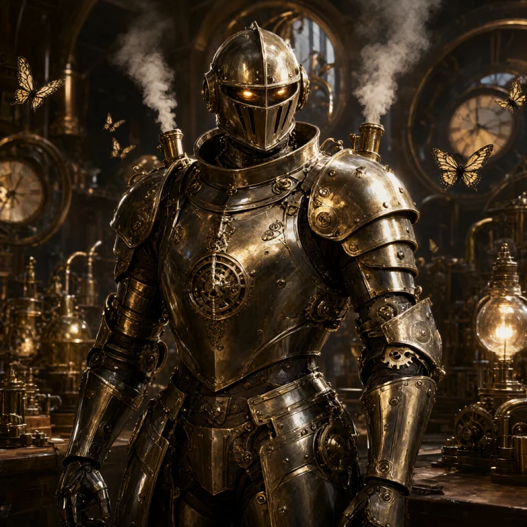 A Majestic Steampunk Knight In Full Plate Armor Standing In...