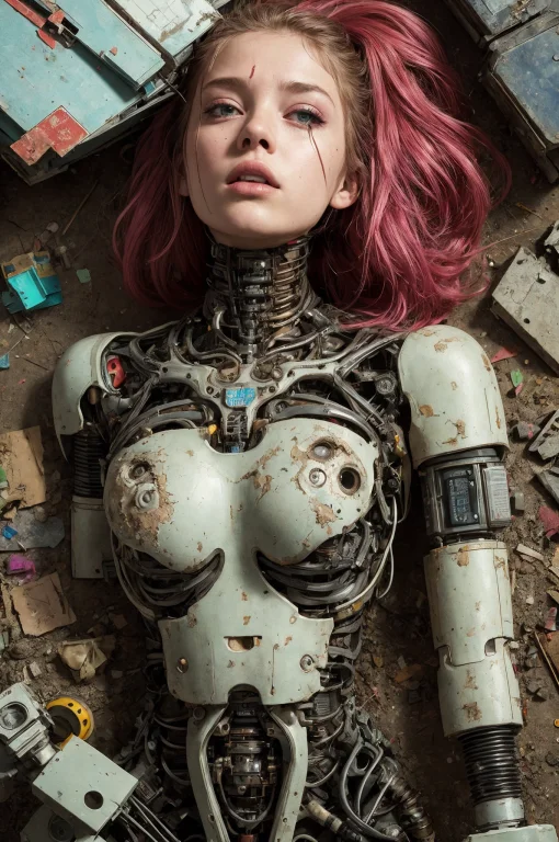 Photo Of A Broken Ruined Cyborg Girl In A Landfill, Robot, B...