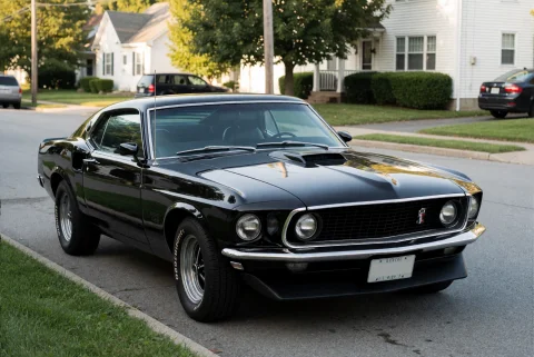 Boss429. A Realistic Photograph Of A Classic 1969 Ford Musta... — Stable Diffusion AI Prompt: boss429. A realistic photograph of a classic 1969 Ford Mustang Boss 429 parked o...