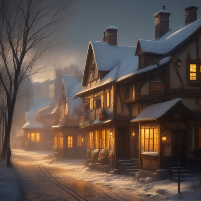 A Winter Village With Windows Glowing Warm, Dappled Sunlight...