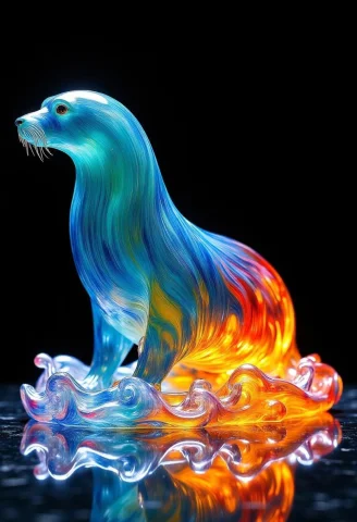 A Vibrant, Glass Statue Of A Seal, Expertly Crafted With Lif... — FLUX AI Prompt: A vibrant, glass statue of a seal, expertly crafted with lifelike details. The t...