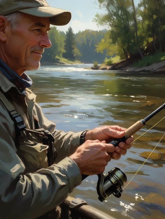Digital Painting Portrait Of A Fisherman, Casting A Line In...