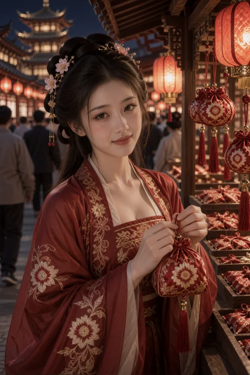 夜间灯会摊位前，一名年轻中国女子靠近镜头侧身站立，双手在胸前...