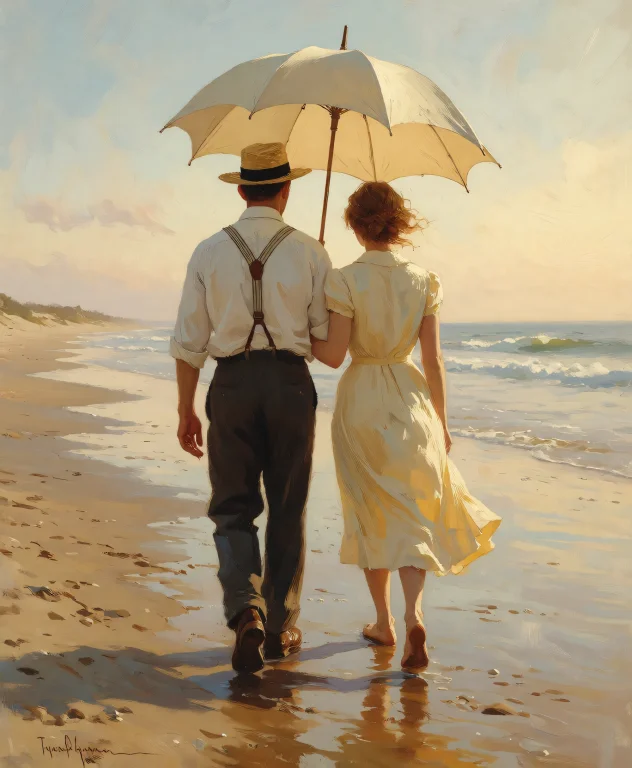 A Realistic Painting Of A Man And Woman Walking Away From Th...