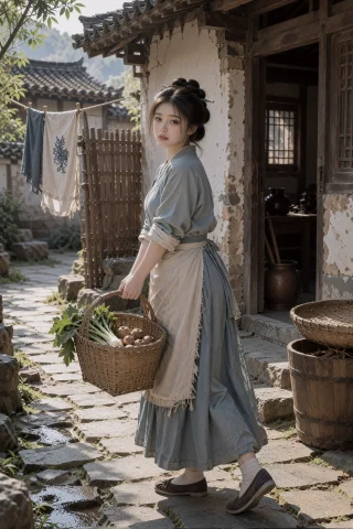 简陋乡村院门前，一名年轻中国女子提着竹篮站在石路上，身体朝屋... — Stable Diffusion AI Prompt: 简陋乡村院门前，一名年轻中国女子提着竹篮站在石路上，身体朝屋内行走却回头望向镜头...