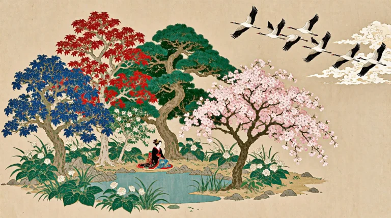 Low Angle Shot Of A Geisha Sitting At A Pond In The Middle A...