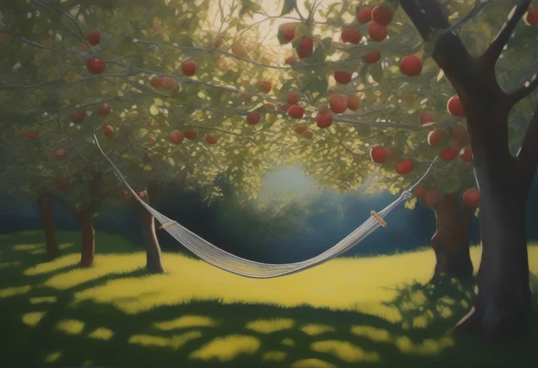 A Hammock Strung Between Two Apple Trees, Gouache Painting,...