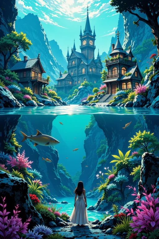An Underwater Fantasy Village Beautiful Landscape, Morning,...