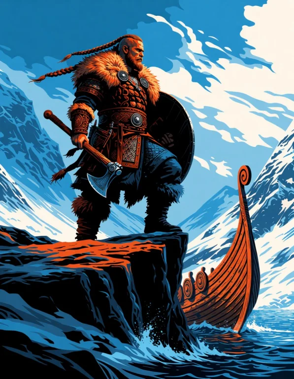 Viking Warrior  Fjord  Ice Blue, Orange, Black A Powerful Vi...