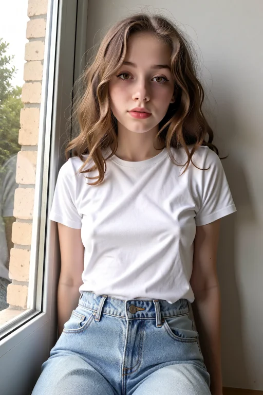 Della Sits By A Window In A White T-shirt And Jeans, Wavy Br...