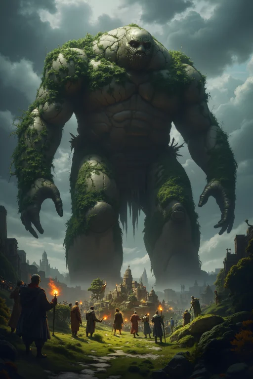 An Enormous Stone Golem, Towering Over A Small Village. The...