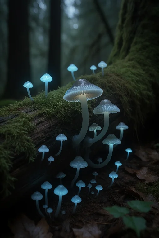 23. Bioluminescent Fungi In Old Growth Forest, Ghostly Blue...