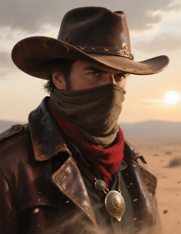 A Dramatic Close Up Portrait Of A Lone Cowboy In A Painterly...