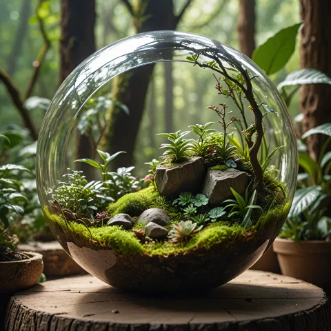 A Glass Sphere Terrarium, Inside The Sphere Is An Earthy Den... — SDXL AI Prompt: A glass sphere terrarium, inside the sphere is an earthy dense forest, dirt, bou...