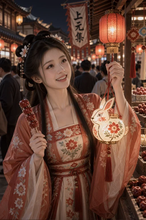 中近距离夜市人物画面,一名年轻中国女子站在灯火密集的古街摊位...