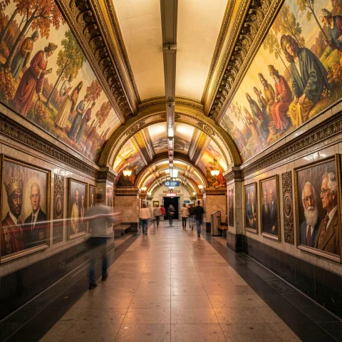An Ornate Subway Station Clad In Murals, Portrait Photograph... — Stable Diffusion AI Prompt: an ornate subway station clad in murals, portrait photography, long exposure, ru...