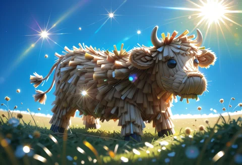 Straw Cow, Bored, Chewing, Grazing, Flying Straw Bees, Lens... — SDXL AI Prompt: straw cow, bored, chewing, grazing, flying straw bees, lens flare, sunny, summer...
