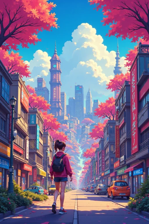Cyberpunk City Beautiful Anime Landscape, Early Morning, Wom...