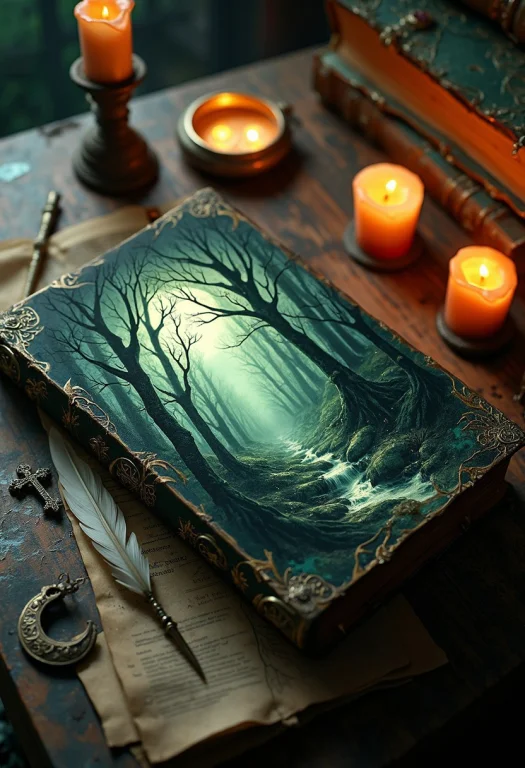 Depict An Ancient, Mystical Book Resting On A Weathered Wood...