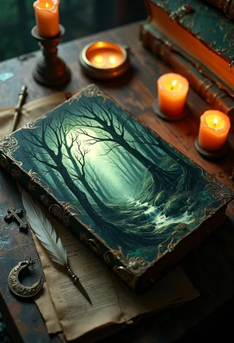 Depict An Ancient, Mystical Book Resting On A Weathered Wood... — FLUX AI Prompt: Depict an ancient, mystical book resting on a weathered wooden table in a dimly...