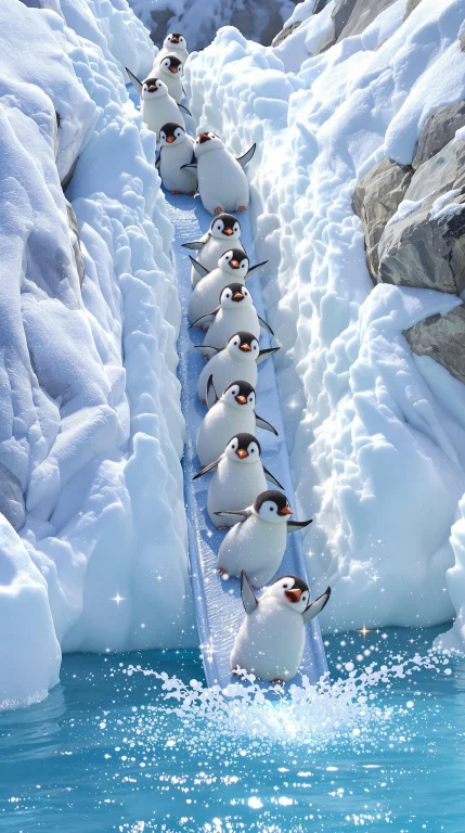 A Group Of Fluffy Baby Penguins Slide One By One Down A Snow...