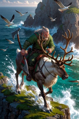 Viking Reindeer Viking Art — Stable Diffusion AI Prompt: , Viking riding a reindeer along a coastal cliff edge ocean spray creating motio...