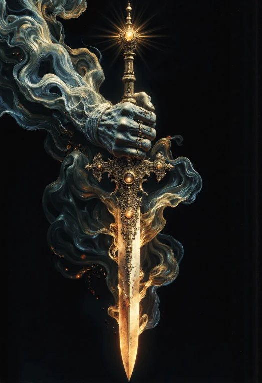 Cursed Sword, Black Smoke, Skeletal Hand, Glowing Runes, Pul...