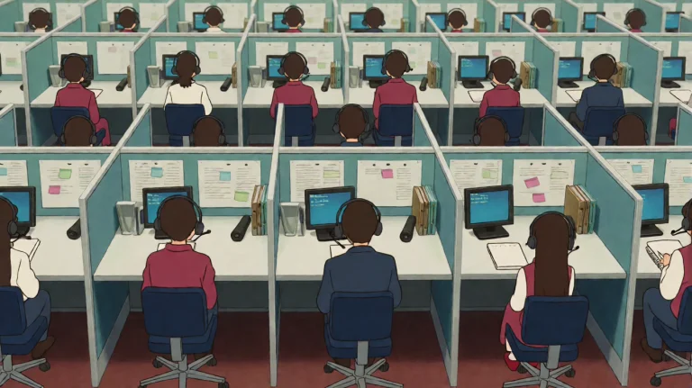 A Call Centre Floor With Rows Of Identical Cubicles And Head...