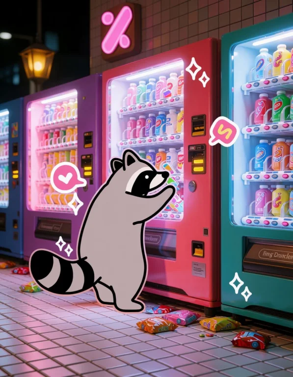 A Raccoon With A Simple Black Line-art Face Rummages Through...